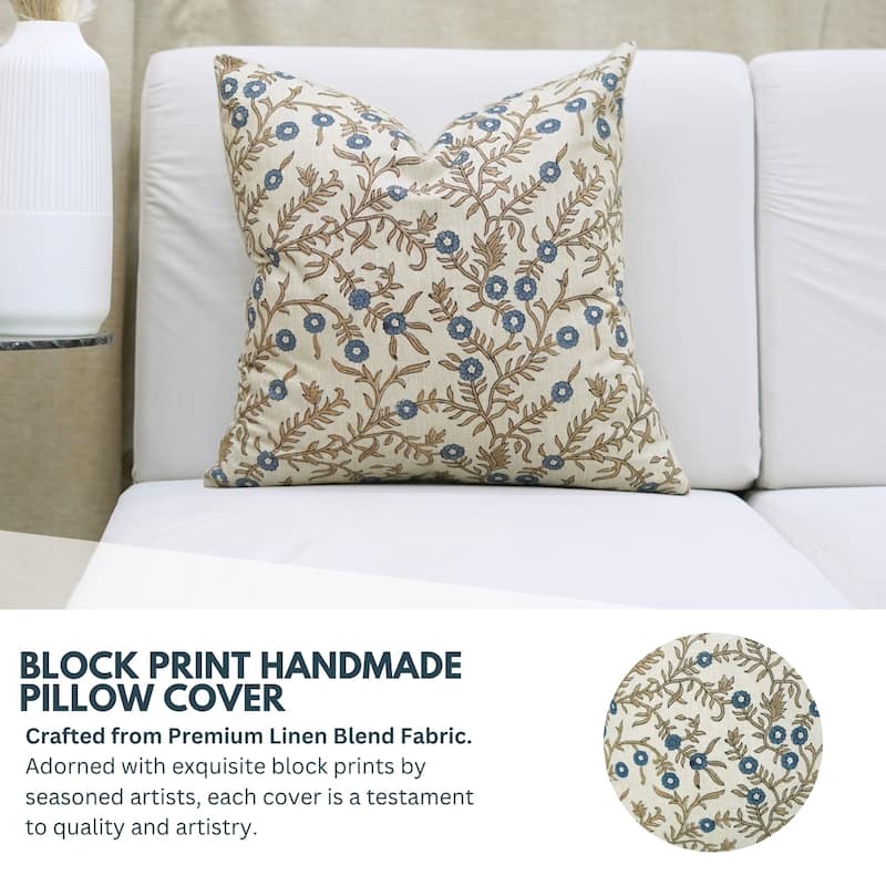 Fabdivine Handmade 16x16 Inch Flower Pillow Cover for Boho Bed or Sofa Square Blue Linen Fall Décor Cushioncase, Shehjan
