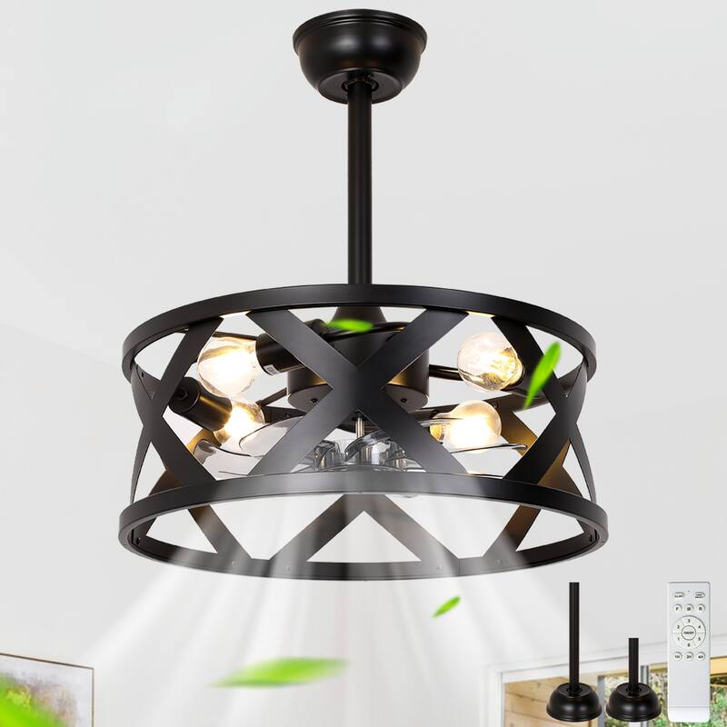 Cusp Barn 20" Farmhouse Caged Ceiling Fan with Lights and Remote, Industrial Black Fandelier, 6-speed Quiet DC Motor Ceiling Fan