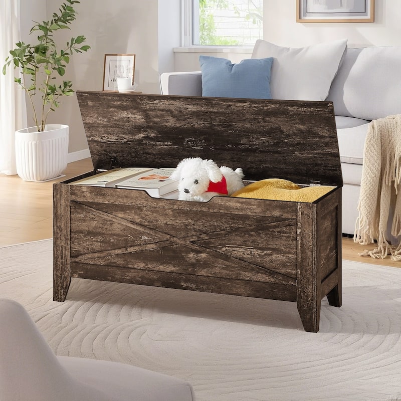 VECELO Storage Bench, Wooden Chest for Storage with Wicker Mat Safety Hinges Entryway Shoe Bench Storage Trunk(Set of 2)