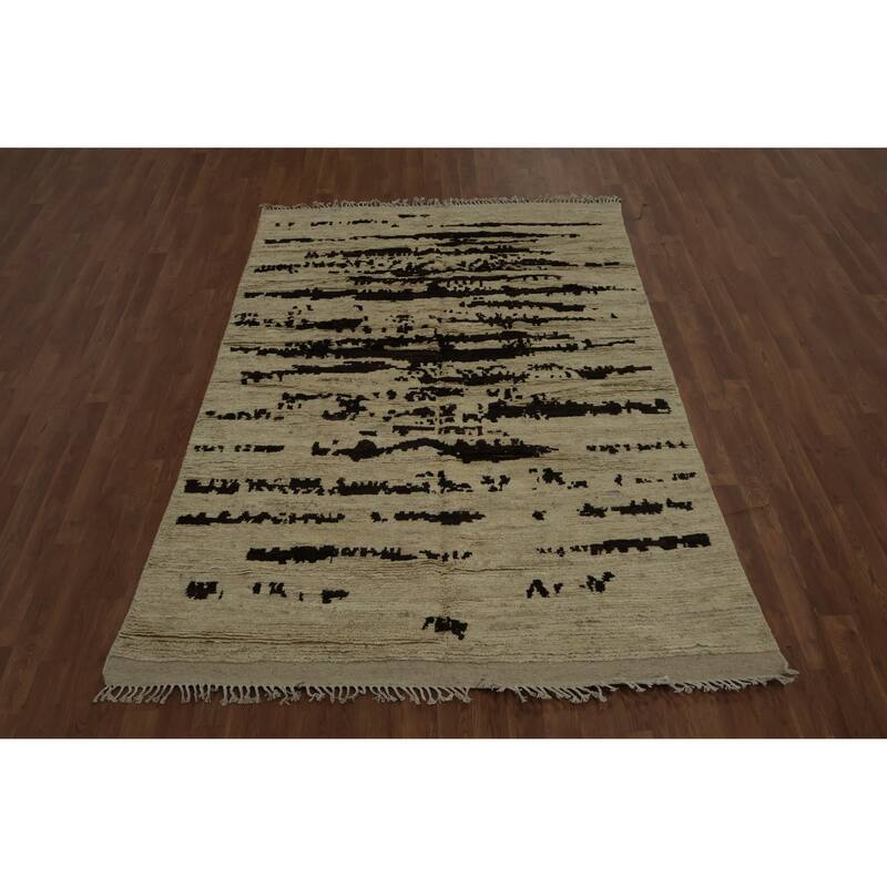 Hand Knotted Oriental 100% Wool Carpet Modern Abstract Beige & Ivories Moroccan Area Rug - 8' 2'' X 5' 3''