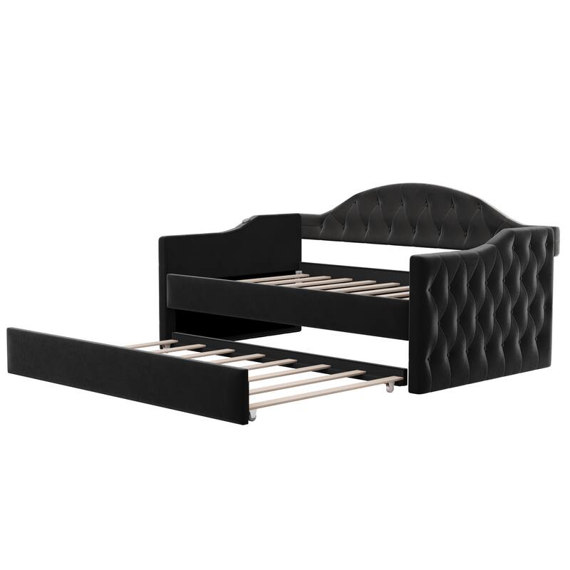 Twin Tufted Upholstered Daybed with Trundle - Velvet Sofa Bed, USB/Type-C Charging, No Box Spring Needed