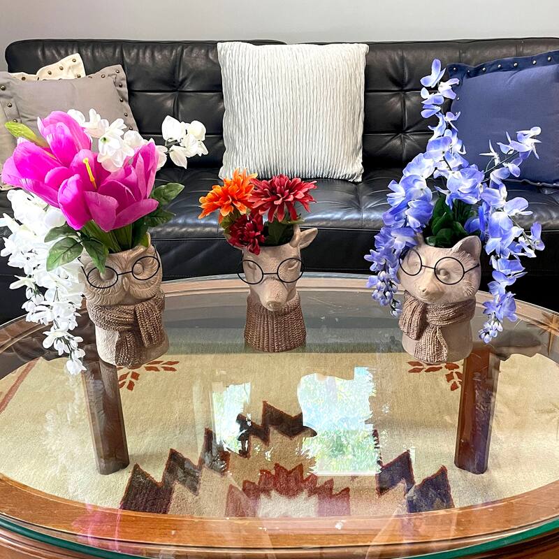 Bespectacled Fox Cement Vase 8.25In Cute Fox Planter, Animal Flower