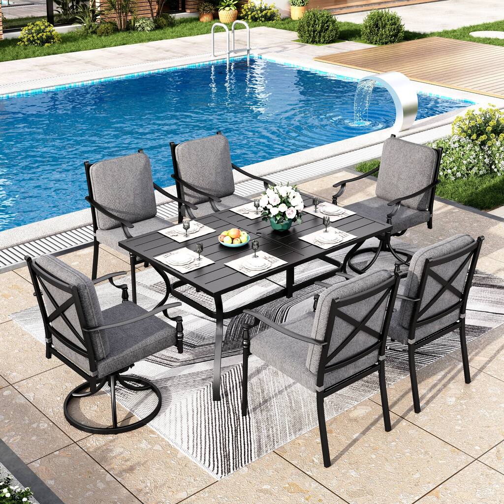 MAISON ARTS 7-Piece Outdoor Patio Dining Set for 6 - Rectangular Table with Fixed & Swivel Chairs and Cushions