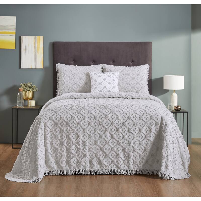 Better Trends Charleston Collection 4-Piece 100% Cotton Tufted Diamond Design Bedspread Set - Machine Washable & Tumble Dry Safe - Gray - Queen