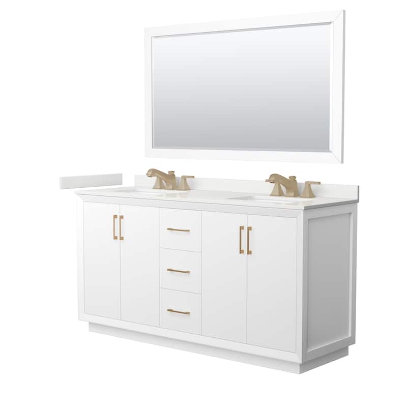 Strada 66-inch Double Vanity, Quartz Top, 58-inch Mirror - White, Bronze Trim, White Quartz Top