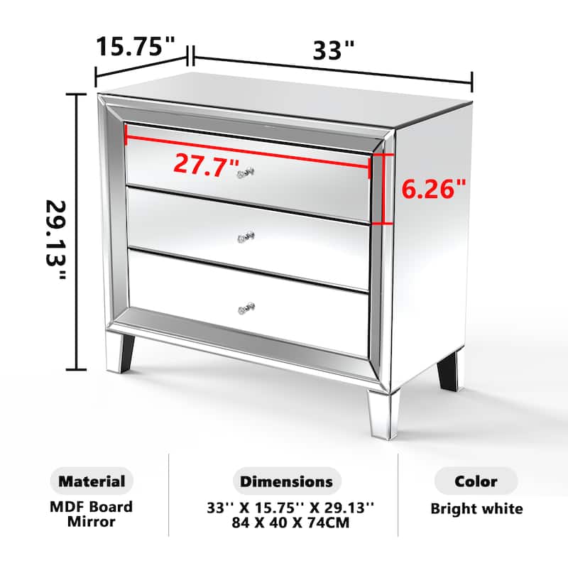 Glam Mirror Nightstand Bedside Table with 3 Drawer Chest