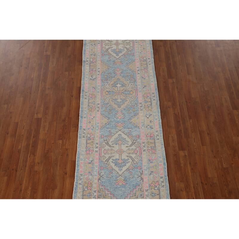 Handmade Vegetable Dye Oushak Turkish Runner Rug Blue Wool Carpet - 3'1"x 11'3"