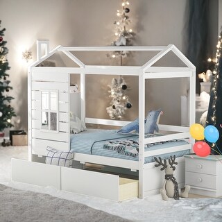 Twin Size House Bed Wood Bed With Two Drawers,Kid-Friendly Design
