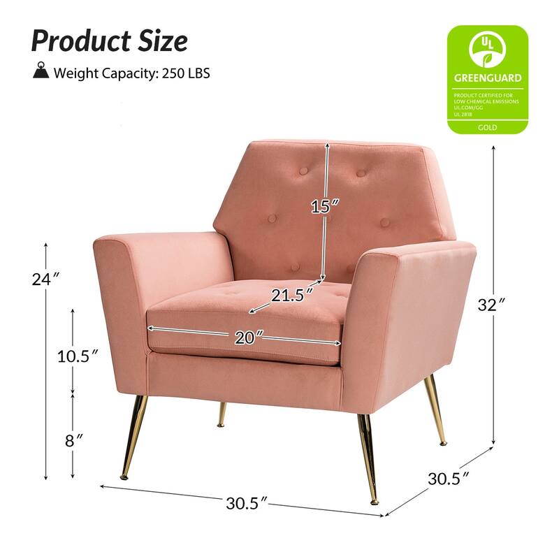 Lilia Contemporary Velvet Upholstered Tufted Back Armchair with Metal Golden legs Set of 2 by HULALA HOME
