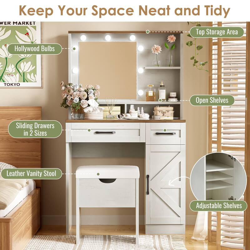 Vanity Set with Stool, Dressing Table with Adjustable Shelves,3 Lighting Modes，2 Drawers and Side Cabinet , White