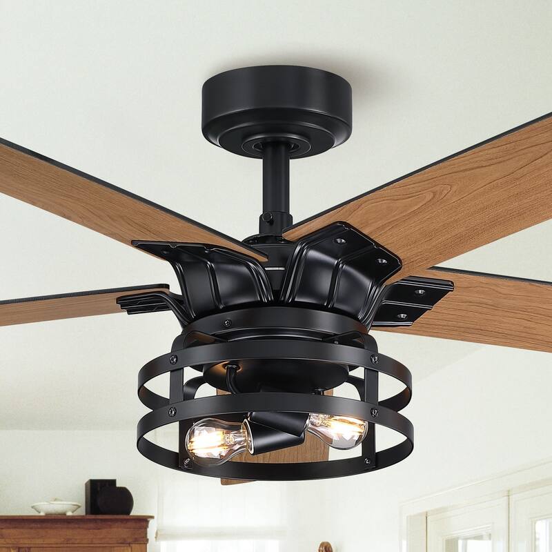 52" Industrial Wood 5-Blade Black Ceiling Fan with Remote and Light Kit