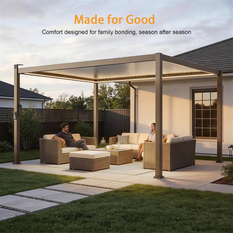 LIVOOSUN Outdoor Detachable Control Panel LED Equipped Pergola, Solar and USB Charging Options, Brown