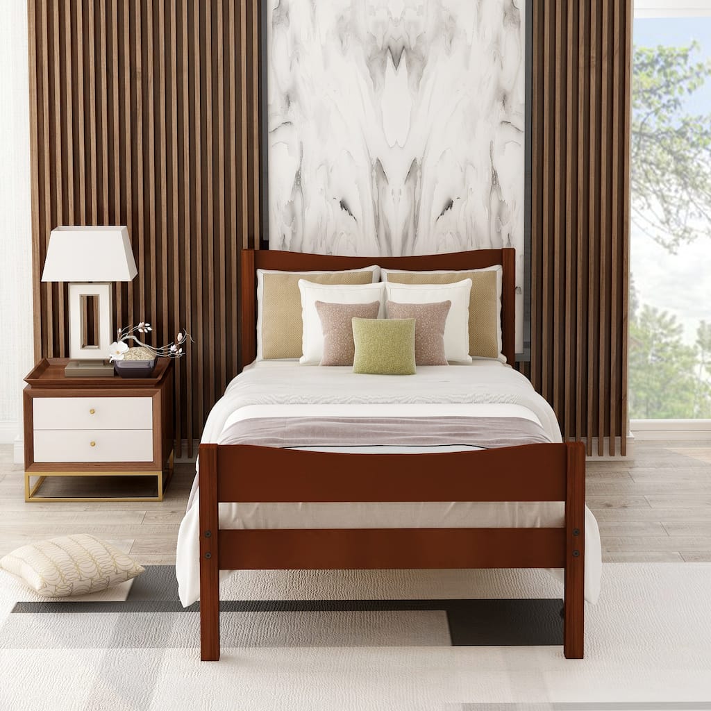 Twin Size Wood Platform Bed with Curved Headboard and Footboard, Classic Pine Wood Platform Bed Frame with Slat Support
