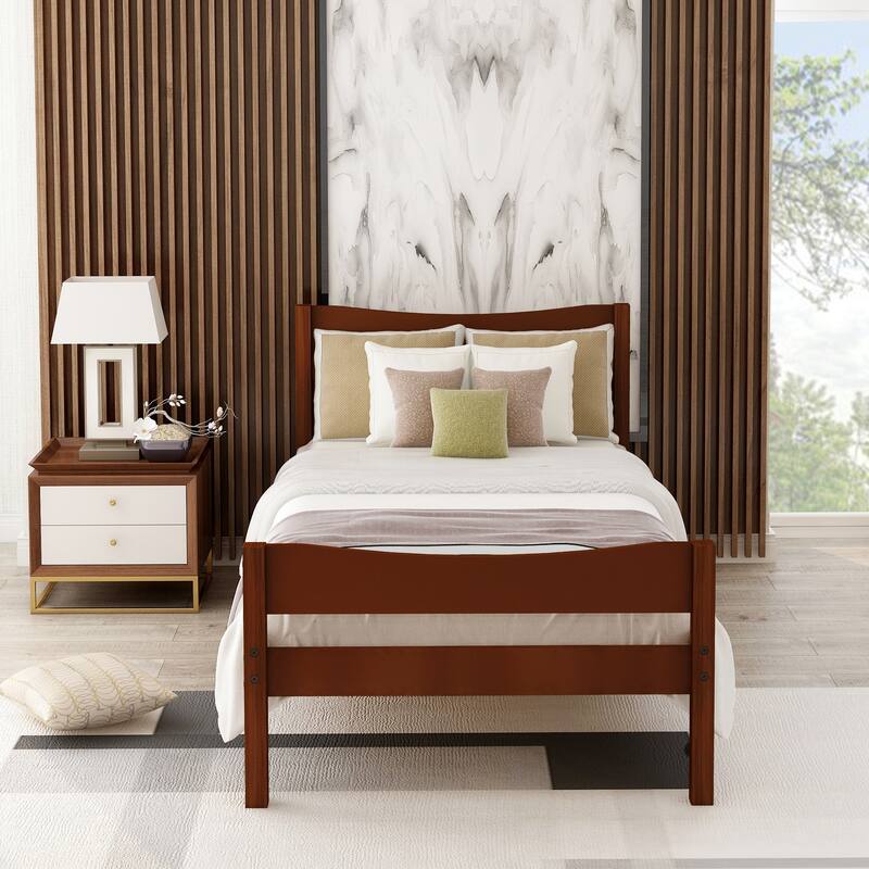 Wood Platform Bed with Headboard and Wooden Slat Support