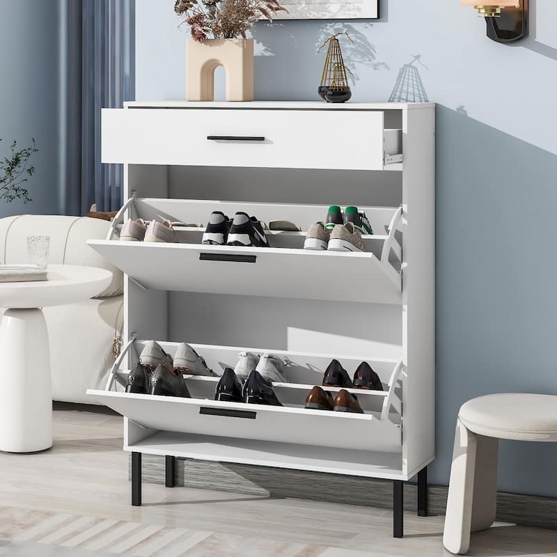 Shoe Cabinet, Freestanding Shoe Rack Storage Organizer with Drawers & Metal Legs, Shoe Storage Cabinet with 2 Flip Drawers