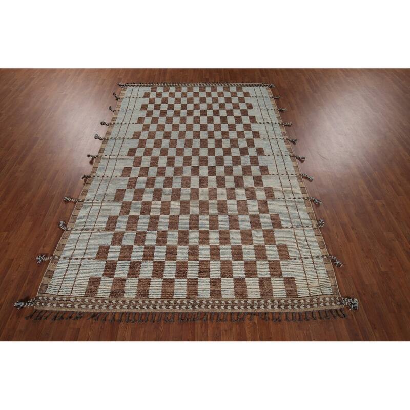 Checkered Moroccan Modern Area Rug Hand-Knotted Wool Carpet - 7'0"x 10'8"