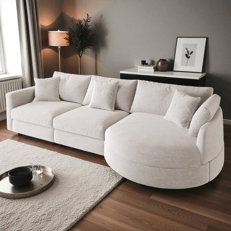 105" Chenille 3-Piece Sectional Sofa with Curved Chaise, Pine Wood Frame & 3 Throw Pillows for Living Rooms and Apartments