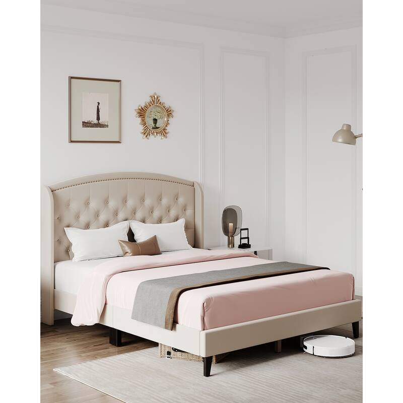 Platform Bed Frame Full with Upholstered Wingback Headboard