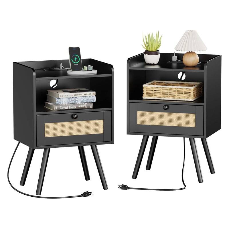 Bedside Table Set of 2 with PE Rattan Drawers -  Black