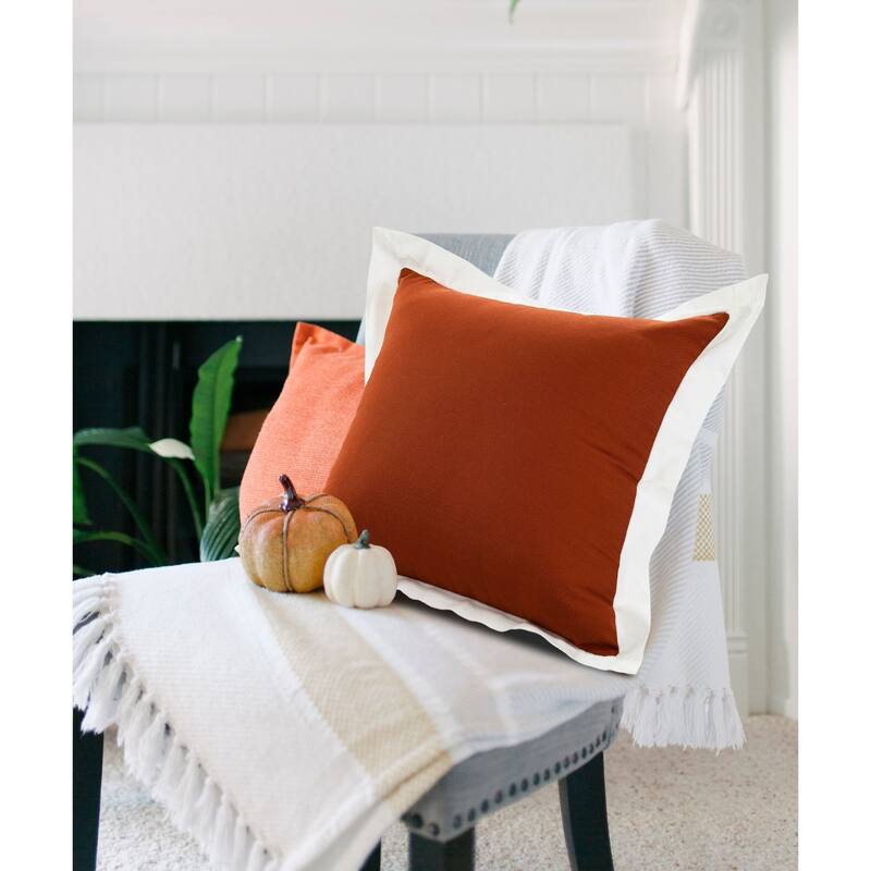 20" Orange and White Bordered Flange Frame Square Throw Pillow