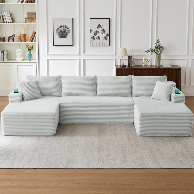 Corduroy Upholstery Cloud Modular Sectional Sofa with Chaise and Pillows, All-Foam Compression Design
