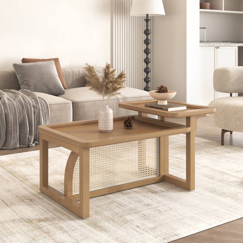 Modern Wooden Nesting Coffee Table with Tray and Natural Rattan Wood for Living Room