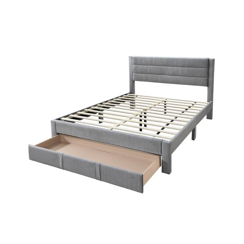 Queen Size Corduroy Platform Bed with Storage Drawer and Channel-Tufted Headboard and Contemporary Design