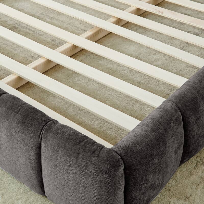 California King Size Chenille Fabric Bed Frame, Upholstered Grounded Platform Bed with Headboard, No Box Spring Needed