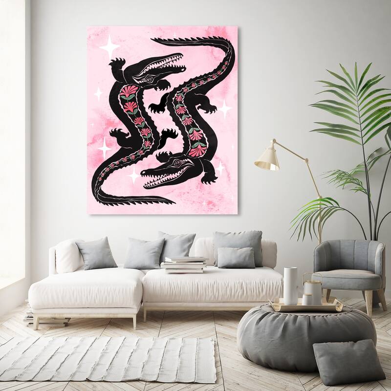 Wynwood Studio Canvas Animals Crossing Floral Gators Black and Modern & Contemporary Wall Art Canvas Print - 45 x 36