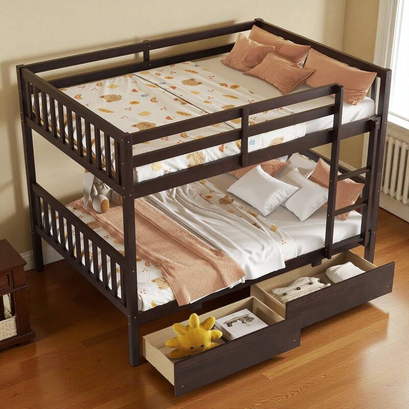 Full Over Full Rubber Wood Bunk Bed with 2 Storage Drawers, Convertible into 2 Full Beds, Ladder and Safety Guardrails