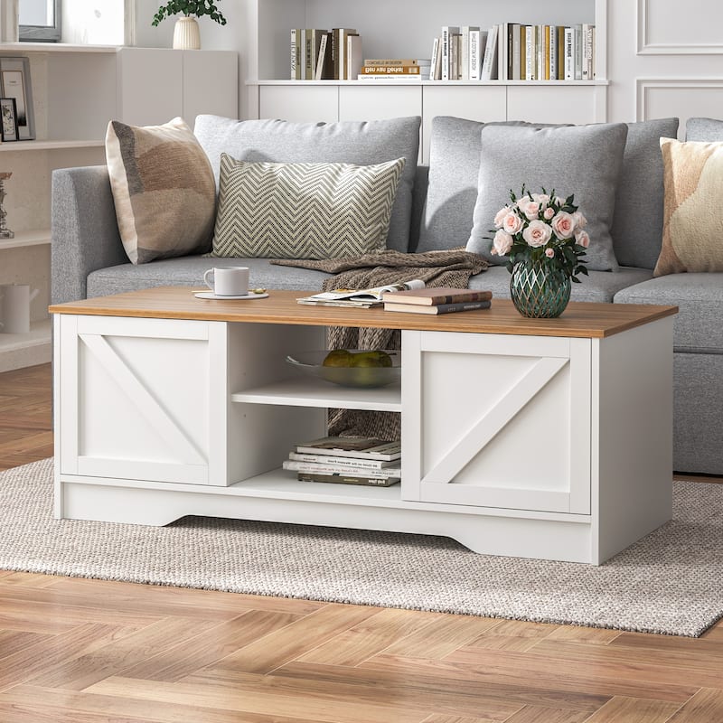 47" Rustic Farmhouse Coffee Table with Storage & Sliding Doors