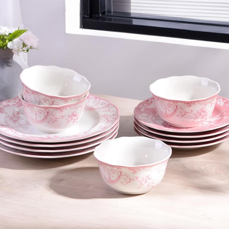 222 Fifth Adelaide Blush 12-Piece Pink Porcelain Dinnerware Set - Service for 4, White with Pink Floral Pattern