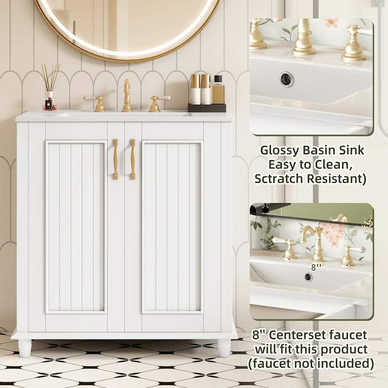 30" Freestanding Bathroom Vanity with Resin Sink - Hidden Drawer and Storage Cabinet