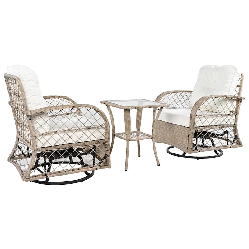 3-Piece Outdoor Chair Table Set Chat with Square Table & 2 Swiveling Chairs Set 2-person Rattan Seating Group for Garden