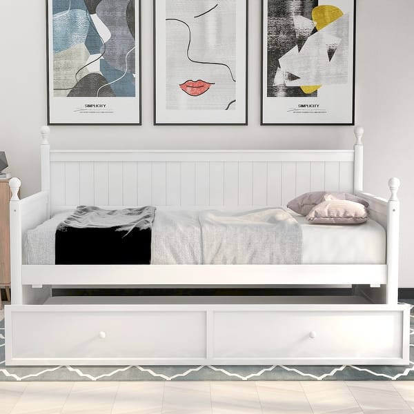 slide 2 of 9, Twin Size Wood Daybed with Twin Size Trundle Wooden Upholstered Bed Frame for Lawn Living Room Bed Room Easy Assembly White