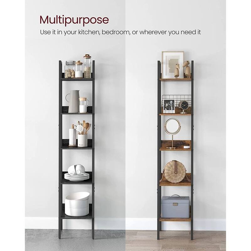 Bookshelf, Ladder Shelf 5-Tier, Freestanding Storage Shelves, Rustic Brown and Black - 11.8”D x 13.3”W x 66.9”H