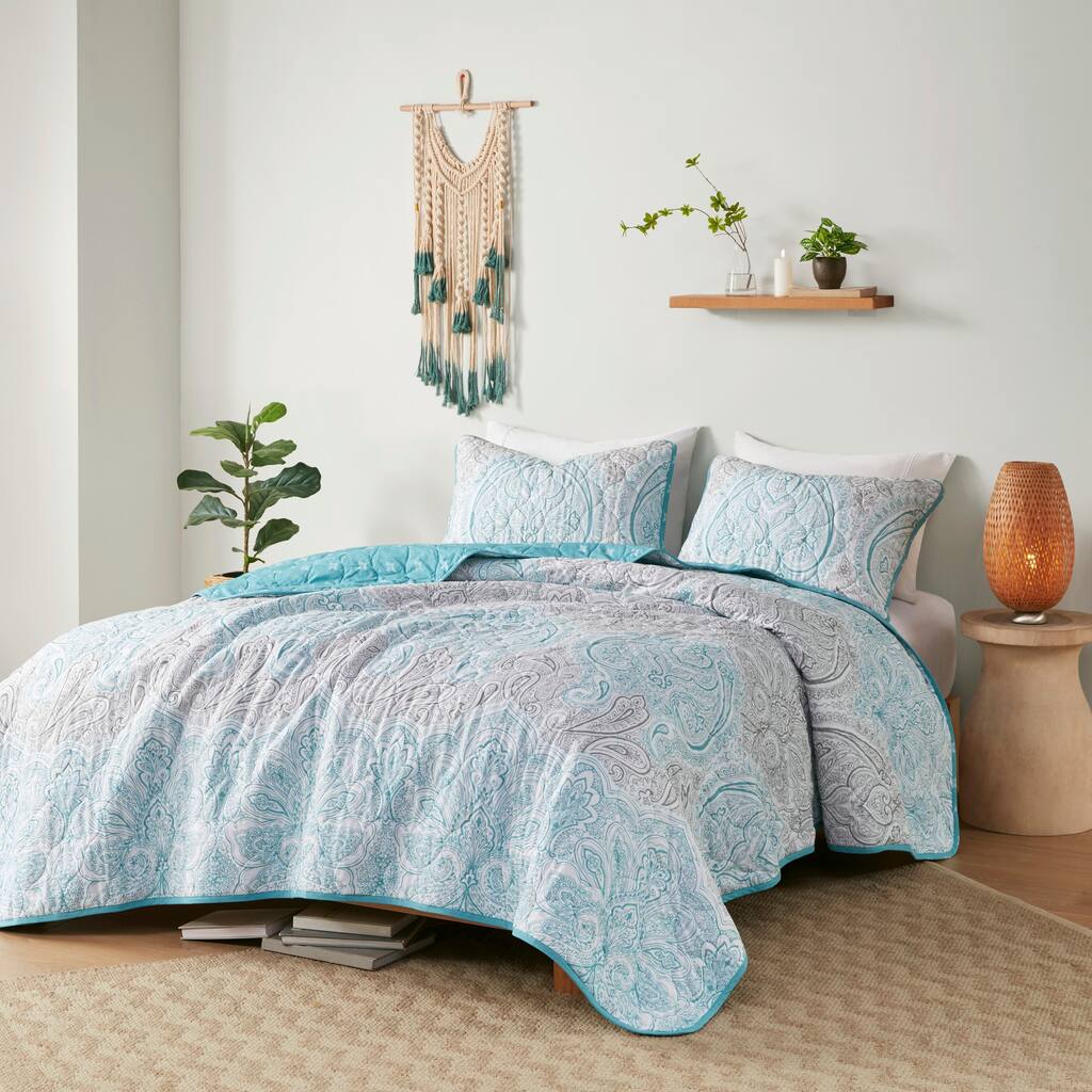 Madison Park Peggy Teal 3 Piece Reversible Cotton Coverlet Set