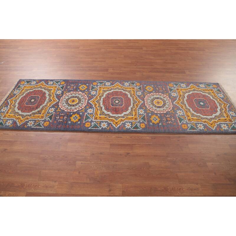 Geometric Blue Kazak Runner Rug Hand-Knotted Wool Carpet - 2'7"x 7'11"
