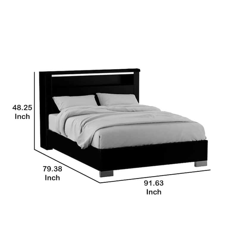 Cari King Size Bed w LED Lit Bookcase Shelf, Black, Chrome, Solid Wood