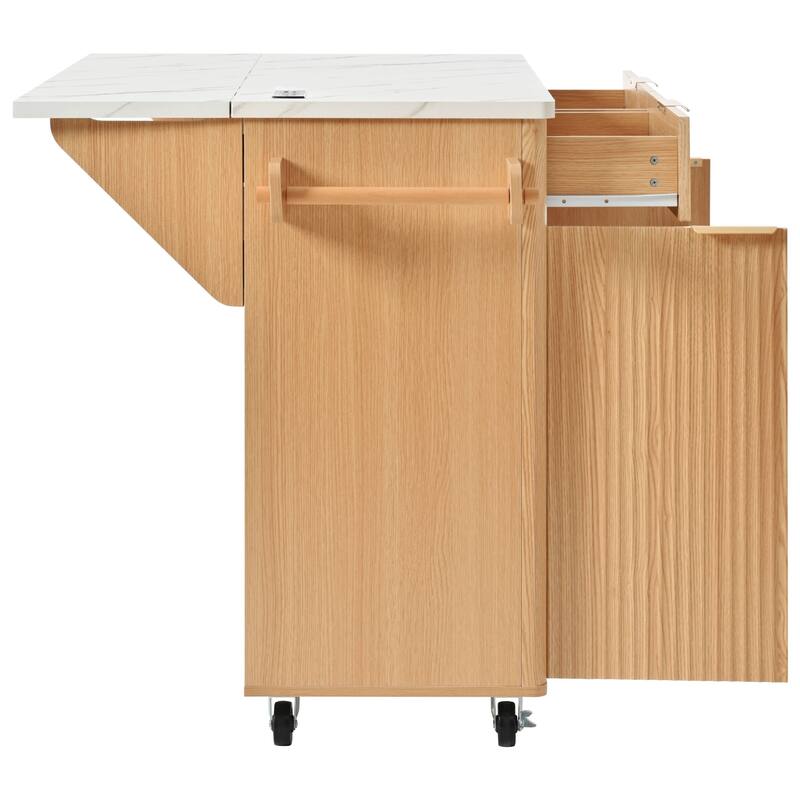 52" Fluted Kitchen Island with Drop Leaf, Power Outlet, Kitchen Storage Cart with Adjustable Shelves, 2 Doors and 2 Drawers