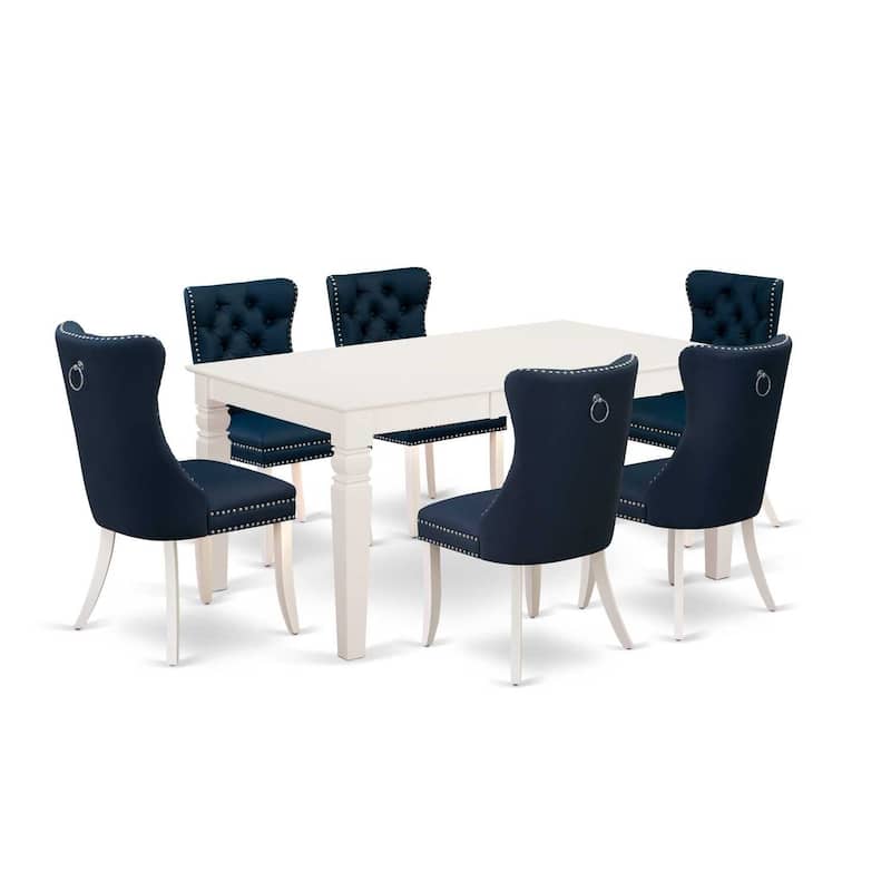 Modern 7 Piece Dining Set - Rectangle Table with 6 Padded Chairs - Linen White & Navy Blue
