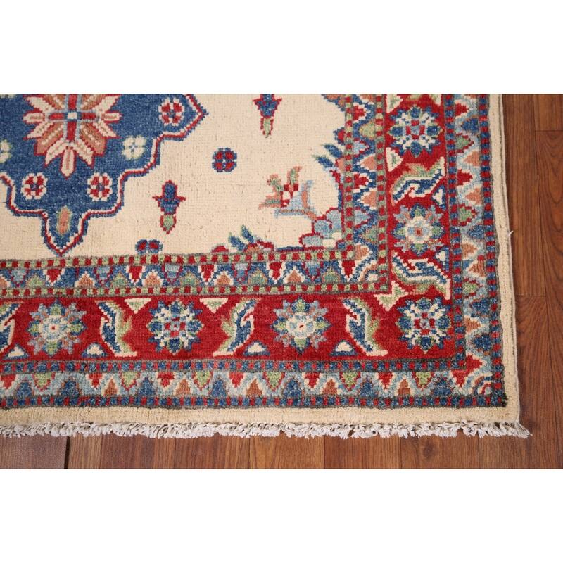 Ivory Geometric Kazak Accent Rug Handmade Wool Carpet - 3'4" x 4'10"
