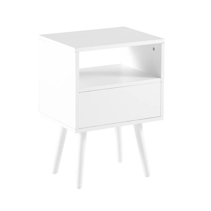 15.75" Rattan End table with drawer and solid wood legs, Modern nightstand, side table
