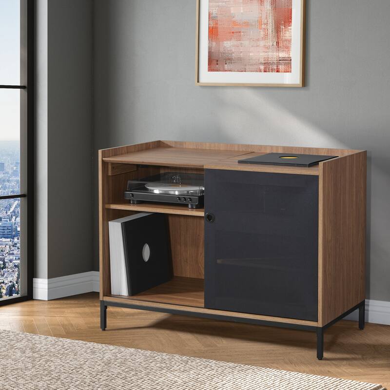 Record Player Stand w/ Album Storage - Walnut Finish