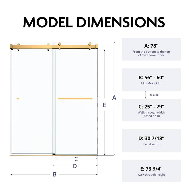 VS Series 56" - 60"W x 78H" Soft Closing Frameless Double Sliding Shower Doors With 3/8" Clear Tempered Glass