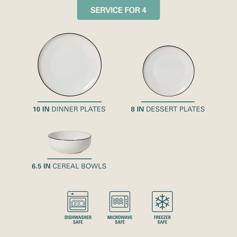 Gibson Home Havenstone 12-Piece Porcelain Dinnerware Set - Plates & Bowls, Classic White Everyday Dish Set