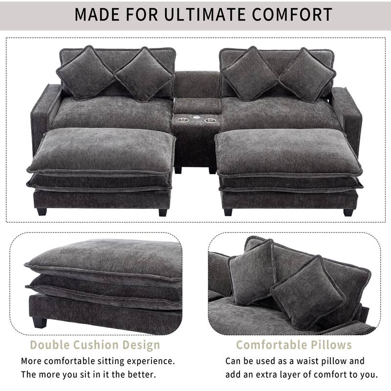 111" Grey Chenille Sectional Sofa with 2 Removable Ottomans, USB Ports, Cup Holders & Storage Box