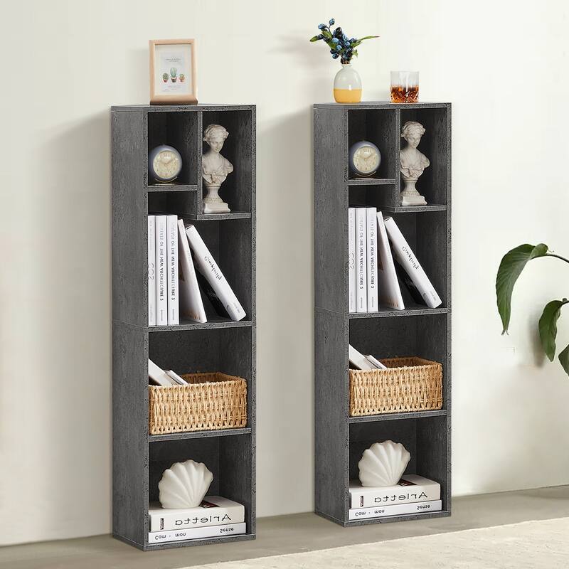 5 Tier Bookshelf, Set of 2 Tall Bookcase Shelf Storage Organizer, Modern Book Shelf for Bedroom, Living Room and Home Office - Grey