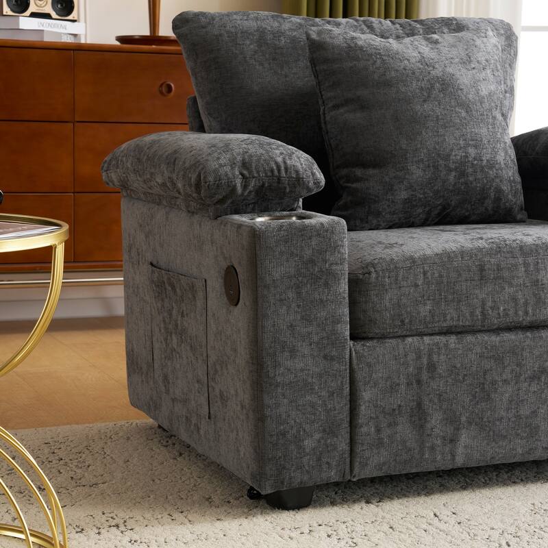 GDFStudio - Ethan Blake Oversized Chenille Chair Bed with Ottoman, Storage & USB Charging for Lounge & Apartment Living
