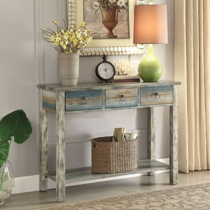 47.5''W Antique Grey and Teal 3-drawer Console Table